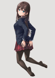 Rule 34 | 1girl, absurdres, black pantyhose, blue eyes, blush, braid, brown hair, closed mouth, frilled skirt, frills, grey background, hands on own ass, highres, kneeling, long hair, long sleeves, looking at viewer, original, pantyhose, pleated skirt, red skirt, school uniform, simple background, skirt, solo, unasaka ryou