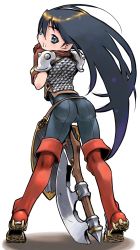 Rule 34 | 1girl, armor, ass, axe, back, bad id, bad pixiv id, black hair, blue eyes, boots, female focus, gloves, hair between eyes, highres, long hair, looking back, nakamura tetsuya, pants, pauldrons, pointy ears, scale armor, shield, shoulder armor, simple background, solo, sorcerian, spiked pauldrons, thigh boots, thighhighs, tomboy, very long hair, weapon, white background