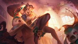 Rule 34 | 1girl, :d, absurdres, alternate costume, artist name, blonde hair, blurry, blurry background, bow, breasts, briar (league of legends), brown pantyhose, cherry, cup, dress, enmaided, food, footwear bow, from below, fruit, green bow, green dress, highres, indoors, lamp, league of legends, maid, mug, open mouth, pantyhose, puffy short sleeves, puffy sleeves, sharp teeth, short sleeves, sitting, small breasts, smile, sobras (sobrassart), teacup, teeth, white eyes, window