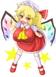 Rule 34 | 1girl, ascot, bad id, bad pixiv id, blonde hair, blush, breast expansion, breasts, dress, fang, female focus, flandre scarlet, happy, hat, highres, kage2, kneehighs, large breasts, leaning, leaning forward, mary janes, necktie, open mouth, oppai loli, orange eyes, ribbon, shoes, short hair, side ponytail, simple background, smile, socks, solo, touhou, wings