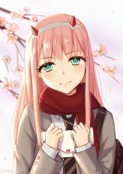 Rule 34 | 10s, 1girl, aqua eyes, artist name, bag, cherry, commentary request, darling in the franxx, floral background, food, fruit, grey jacket, hairband, head tilt, highres, holding, holding letter, horns, jacket, kumei, letter, long hair, looking at viewer, love letter, necktie, pink hair, pink lips, red horns, red scarf, scarf, school bag, school uniform, shirt, signature, solo, striped necktie, striped neckwear, white hairband, white shirt, zero two (darling in the franxx)