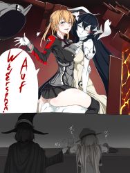 Rule 34 | 10s, 4girls, abyssal ship, anchorage water oni, ass, bismarck (kancolle), black hair, blonde hair, blue eyes, breast press, breasts, cheating (relationship), colored eyelashes, colored skin, cross, dress, drunk, glowing, glowing eye, gradient hair, hand on another&#039;s shoulder, hat, hazuki (5170712), high heels, highres, iron cross, jitome, kantai collection, kriegsmarine, long hair, looking at viewer, low twintails, medium breasts, miniskirt, multicolored hair, multiple girls, netorare, overskirt, pale skin, panties, parted lips, peaked cap, pleated skirt, prinz eugen (kancolle), red eyes, roma (kancolle), sitting, sitting on person, skirt, symmetrical docking, thighhighs, throwing, trembling, twintails, underwear, very long hair, white dress, white panties, white skin, yuri