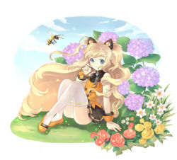 Rule 34 | 1girl, animal ears, bad id, bad pixiv id, bee, blonde hair, blue eyes, bug, danne, fake animal ears, flower, headset, insect, long hair, musical note, seeu, shoes, sitting, skirt, solo, thighhighs, very long hair, vocaloid, white thighhighs, zettai ryouiki