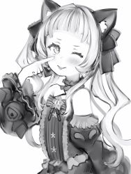 Rule 34 | 1girl, :p, akanbe, animal ears, bad id, bad pixiv id, bare shoulders, blush, bow, cat ears, dress, eyelid pull, flat chest, greyscale, hair bow, hand up, highres, hololive, juliet sleeves, long hair, long sleeves, looking at viewer, monochrome, murasaki shion, murasaki shion (gothic lolita), nanashi (nlo), puffy sleeves, simple background, solo, tongue, tongue out, twintails, upper body, virtual youtuber, white background, wide sleeves