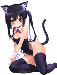 Rule 34 | 1girl, animal ears, bare shoulders, black hair, black thighhighs, blush, brown eyes, cat ears, cat tail, detached collar, k-on!, kittysuit, long hair, nakano azusa, nontraditional playboy bunny, open mouth, solo, sora to umi, tail, thighhighs, twintails, wrist cuffs