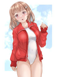 Rule 34 | 1girl, blush, breasts, brown eyes, brown hair, competition swimsuit, hair ornament, hairclip, highleg, highleg swimsuit, highres, jacket, large breasts, mashinatsu, one-piece swimsuit, open clothes, open jacket, open mouth, original, short hair, swimsuit, track jacket, white one-piece swimsuit
