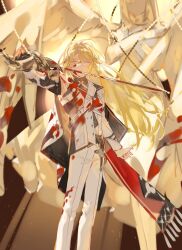 Rule 34 | 1boy, bishounen, blonde hair, blood, hair between eyes, highres, holding, holding sword, holding weapon, honkai (series), honkai impact 3rd, long hair, lunacamen, male focus, open hand, otto apocalypse, pants, solo, standing, statue, sword, weapon, white pants, white sleeves