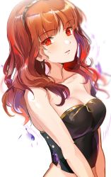 Rule 34 | 1girl, armor, bare shoulders, blush, breastplate, breasts, celica (fire emblem), corruption, corset, dark persona, dress, fire emblem, fire emblem echoes: shadows of valentia, fire emblem heroes, hairband, highres, long hair, looking at viewer, medium breasts, nintendo, official alternate costume, ormille, possessed, possession, red eyes, red hair, short hair, simple background, smile, solo, tiara, underwear, white background