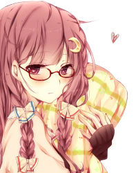 Rule 34 | 1girl, alternate hairstyle, bespectacled, blush, bow, braid, capelet, crescent, crescent hair ornament, glasses, hair bow, hair ornament, heart, highres, long sleeves, looking at viewer, misa (kaeruhitode), no headwear, patchouli knowledge, pillow, purple eyes, purple hair, red-framed eyewear, simple background, solo, touhou, twin braids, upper body, white background