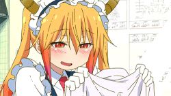 Rule 34 | 10s, 2girls, animated, blonde hair, blush, breasts, dragon girl, dragon tail, glasses, gloves, horns, kobayashi-san chi no maidragon, kobayashi (maidragon), licking, lowres, maid, maid headdress, multiple girls, red hair, red neckwear, tail, tohru (maidragon), twintails, yuri