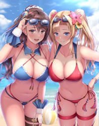 Rule 34 | 2girls, :d, absurdres, adjusting eyewear, bare shoulders, beach, beatrix (granblue fantasy), beatrix (summer) (granblue fantasy), bikini, bird, blonde hair, blue bikini, blue eyes, blue sky, blush, bracelet, breasts, brown eyes, brown hair, cleavage, collarbone, commentary request, day, detached collar, eyewear on head, flower, granblue fantasy, hair flower, hair intakes, hair ornament, hand on own hip, highres, jewelry, large breasts, long hair, looking at viewer, melopun, multiple girls, ocean, open mouth, outdoors, ponytail, red bikini, side-tie bikini bottom, sky, smile, sunglasses, swimsuit, thigh strap, twintails, wrist cuffs, zeta (granblue fantasy), zeta (summer) (granblue fantasy)