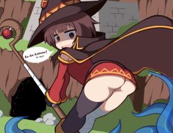 Rule 34 | 1girl, ass, asymmetrical legwear, average-hanzo, bandaged leg, bandages, black thighhighs, boots, brown footwear, brown hair, cape, commentary, dress, english commentary, english text, gloves, hat, holding, holding staff, jaggy lines, kono subarashii sekai ni shukufuku wo!, looking back, megumin, mismatched legwear, no panties, oekaki, open mouth, outdoors, raised eyebrows, red dress, red eyes, speech bubble, staff, tentacles, thighhighs, tongue, witch hat, you gonna get raped