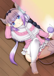 Rule 34 | 10s, 1girl, :o, barefoot, beads, blue eyes, blunt bangs, cameltoe, charging, cleft of venus, dragon girl, dragon horns, electric plug, hair beads, hair ornament, highres, horns, kanna kamui, kobayashi-san chi no maidragon, light purple hair, long hair, looking at viewer, lying, on back, on floor, open mouth, panties, solo, thighhighs, toeless legwear, toes, twintails, underwear, white thighhighs, wolflong, wooden floor
