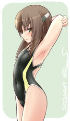 Rule 34 | 1girl, arms behind head, black one-piece swimsuit, brown eyes, brown hair, commentary request, competition swimsuit, covered navel, cowboy shot, dated, grey background, headband, headgear, kantai collection, one-hour drawing challenge, one-piece swimsuit, ray.s, solo, standing, stretching, swimsuit, taihou (kancolle), twitter username