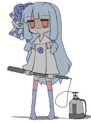 Rule 34 | 1girl, blue hair, blue ribbon, blue thighhighs, bow, chibi, collar, collared dress, commentary, detached sleeves, doodle, dress, empty eyes, flamethrower, full body, hair bow, hair ribbon, holding, holding weapon, kotonoha aoi, light blue hair, light frown, long hair, miri (miri 1m), red eyes, ribbon, sailor collar, shaded face, shadow, sidelocks, solo, standing, thighhighs, very long hair, voiceroid, weapon, white background, white collar, white dress, white sleeves