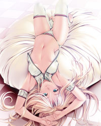Rule 34 | 1girl, armband, armpits, arms up, barefoot, blonde hair, blue eyes, checkered floor, crop top, long hair, looking at viewer, lying, midriff, navel, on back, original, panties, rezi, shiny skin, solo, thighhighs, toeless legwear, toes, underwear, unzipped, upside-down, zipper