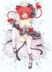 Rule 34 | 1girl, alternate hairstyle, animal ears, ankle lace-up, armpits, arms up, bell, blush, braid, breasts, cat ears, cat girl, cat tail, censored, choker, collar, cross-laced footwear, dress, fang, female focus, frilled dress, frills, full body, garter straps, gothic lolita, hair ribbon, highres, jingle bell, kaenbyou rin, lolita fashion, mary janes, multiple tails, neck bell, nipples, north abyssor, panties, panties around leg, pussy, red eyes, red hair, ribbon, shoes, short hair, small nipples, solo, tail, thighhighs, touhou, twin braids, twintails, underwear, white background, white thighhighs