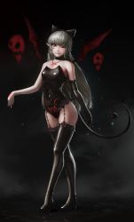 Rule 34 | 1girl, bad id, bad pixiv id, bare shoulders, black bow, black choker, black footwear, black gloves, boots, bow, cameltoe, choker, covered navel, cross, cross earrings, demon girl, demon tail, demon wings, earrings, elbow gloves, facial tattoo, fang, fang out, frilled choker, frilled thighhighs, frills, garter belt, gloves, glowing, glowing tattoo, grey hair, heart, heart tail, high heels, highres, jewelry, long hair, original, pentagram, pointy ears, pubic tattoo, red eyes, sarena, signature, single glove, skull, solo, spiked choker, spikes, spirit, standing, tail, tattoo, thigh boots, thighhighs, tongue, tongue out, torn, torn wings, wings