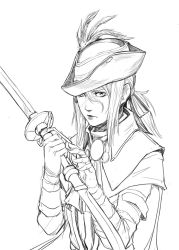 Rule 34 | bloodborne, cape, double-blade, feathers, gloves, greyscale, hat, hat feather, highres, lady maria of the astral clocktower, leather, leather gloves, less, looking at viewer, monochrome, pirate, pirate hat, ponytail, scar, scar across eye, scar on face, serious, simple background, solo, sword, turtleneck, weapon, white background