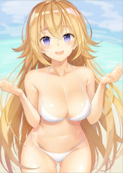 Rule 34 | 1girl, bare shoulders, bikini, blonde hair, blue eyes, blue sky, blush, bokokichi (you), breasts, cleavage, collarbone, commentary request, day, fate/apocrypha, fate (series), hands up, hip focus, jeanne d&#039;arc (fate), jeanne d&#039;arc (ruler) (fate), large breasts, long hair, looking at viewer, navel, open mouth, outdoors, sky, smile, solo, swimsuit, thighs, very long hair, white bikini