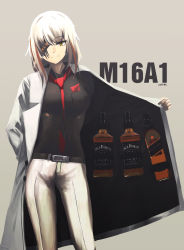 Rule 34 | 1girl, alcohol, belt, black shirt, bottle, character name, closed mouth, coat, dated, eyepatch, girls&#039; frontline, highres, jack daniel&#039;s, kanoe (kanoe502), long hair, looking at viewer, m16a1 (boss) (girls&#039; frontline), m16a1 (girls&#039; frontline), mole, mole under eye, multicolored hair, necktie, pants, red necktie, shirt, silver hair, smile, solo, whiskey, white background, white coat, white pants, yellow eyes
