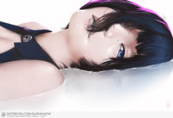 Rule 34 | 1girl, aurahack, bad id, bad tumblr id, black hair, blue eyes, breasts, cleavage, cleavage cutout, clothing cutout, eyebrows hidden by hair, eyelashes, hair over eyes, original, parted lips, partially submerged, patreon logo, realistic, short hair, signature, solo, upper body, watermark, web address