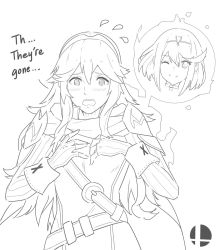 Rule 34 | 1girl, blush, body switch, cape, english text, fire emblem, fire emblem awakening, flat chest, gloves, greyscale, hair ornament, highres, j@ck, long hair, looking at viewer, lucina (fire emblem), monochrome, nintendo, open mouth, personality switch, pyra (xenoblade), short hair, simple background, smile, solo, super smash bros., tiara, xenoblade chronicles (series), xenoblade chronicles 2