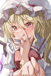 Rule 34 | 1girl, absurdres, ascot, blonde hair, blush, crystal wings, fingernails, flandre scarlet, frilled sailor collar, frills, hair between eyes, hat, highres, looking at viewer, mahoro (minase mahoro), mob cap, nail polish, pointing, pointing at viewer, red eyes, red vest, sailor collar, smile, solo, tongue, tongue out, touhou, upper body, vest, yellow ascot
