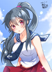 Rule 34 | 1girl, :o, anchor print, bare arms, bare shoulders, blue sailor collar, blue sky, blush, breasts, character request, cloud, cloudy sky, collarbone, commentary request, dated, day, double horizontal stripe, eyes visible through hair, hair between eyes, high ponytail, kantai collection, large breasts, long hair, looking at viewer, mashiro yukiya, necktie, open mouth, outdoors, popped collar, print necktie, print neckwear, sailor collar, sidelocks, signature, sky, solo, split mouth, very long hair, wind, wind lift, yahagi (kancolle)