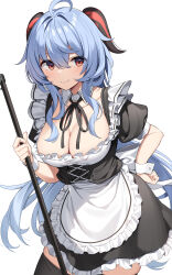 Rule 34 | 1girl, absurdres, ahoge, alternate costume, apron, black dress, black ribbon, black thighhighs, blue hair, breasts, cleavage, closed mouth, collarbone, commentary, dot nose, dress, enmaided, frilled apron, frills, ganyu (genshin impact), genshin impact, goat horns, hair between eyes, hair intakes, hand on own hip, highres, holding, horns, large breasts, leaning forward, light smile, long hair, looking at viewer, maid, neck ribbon, petticoat, puffy short sleeves, puffy sleeves, red eyes, ribbon, short sleeves, solo, suiroh (shideoukami), thighhighs, thighs, very long hair, waist apron, white apron, wrist cuffs