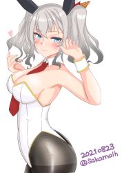 Rule 34 | 1girl, absurdres, animal ears, between breasts, black pantyhose, blue eyes, breasts, detached collar, fake animal ears, highres, kantai collection, kashima (kancolle), leotard, medium breasts, necktie, necktie between breasts, nitamako (sakamalh), pantyhose, playboy bunny, rabbit ears, red necktie, sidelocks, silver hair, solo, strapless, strapless leotard, thighband pantyhose, twintails, wavy hair, white leotard, wrist cuffs