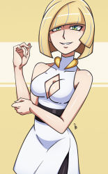 Rule 34 | 1girl, adapted costume, alternate hairstyle, bare arms, bare shoulders, blonde hair, blue hair, breasts, cleavage, cleavage cutout, clothing cutout, creatures (company), diamond (shape), dress, fingernails, game freak, green eyes, grin, lips, long fingernails, looking at viewer, lusamine (pokemon), mature female, medium breasts, multicolored hair, nintendo, pantyhose, pokemon, pokemon sm, scott bennett, short hair, signature, smile, solo, streaked hair, tsurime, two-tone background, underbust, white dress
