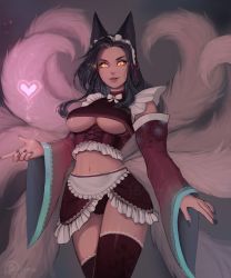 Rule 34 | 1girl, absurdres, ahri (league of legends), alternate costume, animal ears, apron, bad id, bad tumblr id, black hair, breasts, commentary, cowboy shot, crop top, detached sleeves, enmaided, fox ears, fox tail, green nails, grey background, hair ribbon, heart, highres, large breasts, league of legends, long hair, looking at viewer, magic, maid, maid headdress, matilda fiship, midriff, multiple tails, nail polish, navel, orange pupils, panties, parted lips, patreon logo, patreon username, red panties, red ribbon, red thighhighs, ribbon, short sleeves, slit pupils, smile, solo, standing, tail, thighhighs, underboob, underwear, waist apron, wide sleeves, yellow eyes