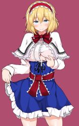 Rule 34 | 1girl, after paizuri, alice margatroid, blonde hair, blue dress, blue eyes, blush, bow, bowtie, breasts, capelet, clothes lift, clothes pull, cowboy shot, cum, cumdrip, dress, hairband, heart, heart-shaped pupils, large breasts, lolita hairband, long sleeves, looking at viewer, poshi (ginmokusei), red bow, red bowtie, sash, short hair, skirt, skirt lift, smile, solo, symbol-shaped pupils, touhou