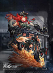 1girl animal_ears ar-15 belt beowulf_(girls&#039;_frontline) black_footwear black_gloves black_panties boots braid breasts bruise crop_top crop_top_overhang crotchless crotchless_pants dust_cloud earrings fake_animal_ears fingerless_gloves fingernails full_body fur-trimmed_jacket fur-trimmed_pants fur_trim girls&#039;_frontline gloves green_eyes green_shirt gun hair_between_eyes hat heel_up injury jacket jewelry knee_pads large_breasts leg_tattoo long_hair long_sleeves looking_at_viewer midair nail_polish navel no_bra official_art panties pants parted_lips pouch red_hair red_nails rifle scar_on_knee see-through_clothes serious shirt short_shorts shorts sleeveless sleeveless_shirt solo soono_(rlagpfl) star_(symbol) tattoo thigh_pouch third-party_source torn_clothes torn_jacket torn_pants torn_shirt trigger_discipline twin_braids underboob underwear weapon wolf_ears