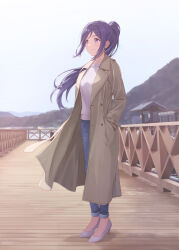 Rule 34 | 1girl, blue hair, blue pants, brown coat, closed mouth, coat, commentary request, day, denim, full body, hands in pockets, high heels, highres, jeans, lake, long coat, long hair, long sleeves, looking ahead, love live!, love live! sunshine!!, matsuura kanan, mountainous horizon, outdoors, pants, ponytail, purple eyes, ribbed sweater, shamakho, sky, smile, solo, standing, sweater, white sweater, wooden bridge