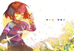 Rule 34 | 1other, absurdres, blue sweater, blush, brown hair, brown shorts, buttons, closed eyes, closed mouth, colored skin, commentary, eden (eden871225), english commentary, english text, field, fingernails, flower, flower field, frisk (undertale), hair between eyes, hands up, heart, highres, holding, leaf, long sleeves, mixed-language commentary, paper, save point, short hair, shorts, solo, standing, star (symbol), striped clothes, striped sweater, sweater, undertale, yellow flower, yellow skin