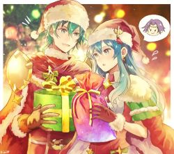 Rule 34 | 1boy, 1girl, aqua eyes, aqua hair, artist name, box, brother and sister, cape, earrings, eirika (fire emblem), eirika (winter) (fire emblem), ephraim (fire emblem), ephraim (winter) (fire emblem), fire emblem, fire emblem: the sacred stones, fire emblem heroes, fur trim, gift, gift bag, gift box, gloves, hat, jewelry, long hair, long sleeves, lyon (fire emblem), nintendo, okii, parted lips, pom pom (clothes), red gloves, red hat, santa costume, santa hat, short hair, siblings