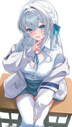 Rule 34 | 1girl, absurdres, blue eyes, blue ribbon, blue skirt, braid, breasts, cleavage, collar, collared shirt, commentary request, crossed bangs, hair between eyes, hair ribbon, highres, hitachi sou, jacket, large breasts, long hair, long sleeves, looking at viewer, neck ribbon, open clothes, open jacket, open mouth, original, ribbon, shirt, simple background, sitting, sitting on table, skirt, smile, thighhighs, white background, white collar, white hair, white jacket, white shirt, white thighhighs, zettai ryouiki