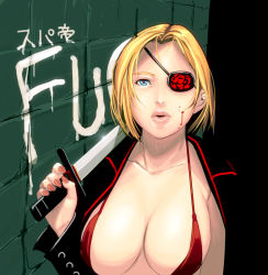 Rule 34 | 1girl, bad id, bad pixiv id, blonde hair, blue eyes, breasts, cleavage, eyepatch, kouno (masao), large breasts, mob strike, open clothes, open shirt, shirt, short hair, solo, sword, upper body, weapon