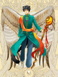 Rule 34 | 1boy, animal ears, blue eyes, brown wings, cat tail, cyril alba, dairoku ryouhei, facial mark, feathered wings, full body, green shirt, holding, holding staff, male focus, pants, shirt, simple background, solo, staff, standing, tail, tamachi (tw), white footwear, wings, yellow background