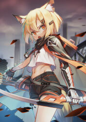 Rule 34 | 1girl, animal ear fluff, animal ears, arknights, arrow (projectile), bandaged arm, bandages, black gloves, black shorts, blonde hair, blouse, bow (weapon), city, cloak, crop top, ear piercing, fingerless gloves, fox ears, fox girl, fox tail, gloves, hair between eyes, hair ornament, hairclip, highres, holding, holding bow (weapon), holding weapon, hood, hooded cloak, looking at viewer, midriff, mitake eil, navel, notched ear, open mouth, orange eyes, piercing, quiver, shirt, short hair, shorts, solo, stomach, tail, vermeil (arknights), weapon, white shirt, wind