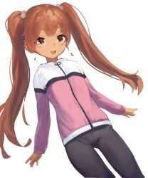 Rule 34 | 1girl, black pants, brown eyes, brown hair, cowboy shot, had (had314), highres, jacket, kantai collection, libeccio (kancolle), long hair, looking at viewer, multicolored clothes, multicolored jacket, official alternate costume, pants, simple background, solo, twintails, two-tone jacket, white background