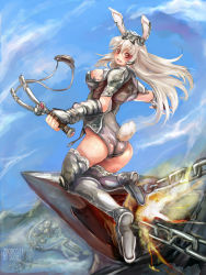 Rule 34 | 1girl, animal ears, armor, ass, blush, breasts, gauntlets, greaves, large breasts, long hair, looking back, original, rabbit ears, rabbit tail, red eyes, silver hair, slingshot (weapon), solo, suoni (deeperocean), tail