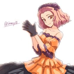 Rule 34 | 10s, 1girl, bare shoulders, black gloves, brown eyes, closed mouth, commentary, cowboy shot, dress, formal, girls und panzer, gloves, headdress, layered dress, long dress, looking at viewer, off shoulder, one-hour drawing challenge, orange dress, parted bangs, red hair, rosehip (girls und panzer), shinmai (kyata), short hair, short sleeves, simple background, smile, solo, standing, twitter username, white background