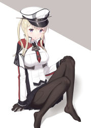 Rule 34 | 10s, 1girl, anchor, bad id, bad pixiv id, black pantyhose, blonde hair, blue eyes, capelet, cnm, cross, gloves, graf zeppelin (kancolle), hand on own knee, hat, highres, iron cross, kantai collection, long hair, pantyhose, peaked cap, pleated skirt, purple eyes, sitting, skirt, solo, twintails