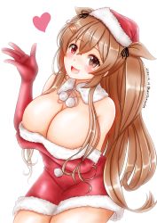 Rule 34 | 1girl, :d, alternate costume, bare shoulders, black ribbon, breasts, dress, fur-trimmed dress, fur trim, gloves, hair ribbon, hat, heart, heterochromia, highres, kantai collection, large breasts, light brown hair, long hair, murasame (kancolle), murasame kai ni (kancolle), open mouth, red eyes, red gloves, ribbon, santa costume, santa hat, simple background, sleeveless, smile, solo, two side up, ura tomomi, white background