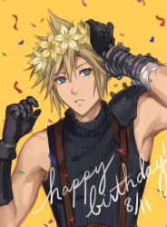 Rule 34 | 1boy, armor, bandaged arm, bandages, black gloves, blonde hair, blue eyes, blue shirt, cloud strife, confetti, dated, final fantasy, final fantasy vii, final fantasy vii remake, flower, gloves, hair between eyes, hand on own head, happy birthday, head wreath, highres, kivavis, light blush, lily (flower), male focus, parted lips, shirt, short hair, shoulder armor, single bare shoulder, sleeveless, sleeveless turtleneck, solo, spiked hair, suspenders, turtleneck, upper body, yellow background, yellow flower
