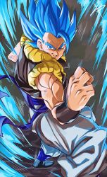 Rule 34 | 1boy, aura, belt, black vest, blue belt, blue eyes, boots, commentary, dragon ball, dragon ball super, dragon ball super broly, fighting stance, floating clothes, fusion, gogeta, grey background, looking at viewer, male focus, muscular, pants, riiya am, signature, smile, solo, spiked hair, super saiyan, super saiyan blue, vest, white pants