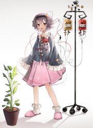 Rule 34 | 1girl, absurdres, black hairband, blue shirt, collared shirt, eyeball, frilled shirt collar, frilled sleeves, frills, full body, hair ornament, hairband, heart, heart hair ornament, highres, komeiji satori, open mouth, ougiikun, plant, potted plant, purple hair, red eyes, shirt, short hair, sleeves past fingers, sleeves past wrists, slippers, socks, solo, standing, third eye, touhou, white socks, wide sleeves